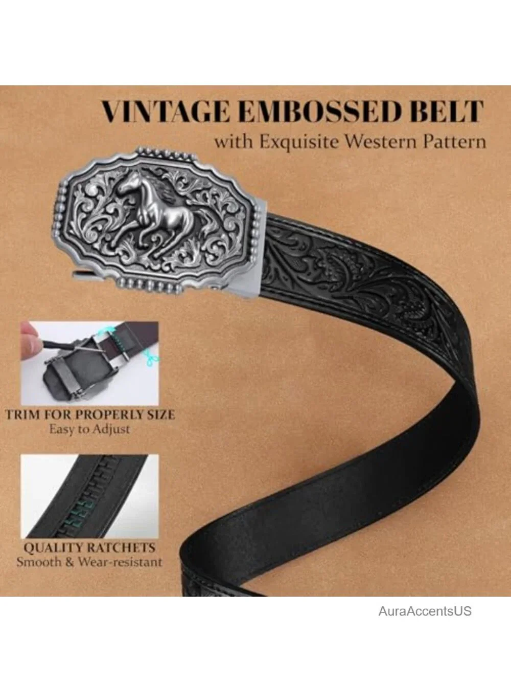 Western Cowboy Ratchet Belt for Men Women Leather Embossed 1.5